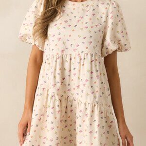 Red Dress Cotton Ivory Floral Mini Dress Size L